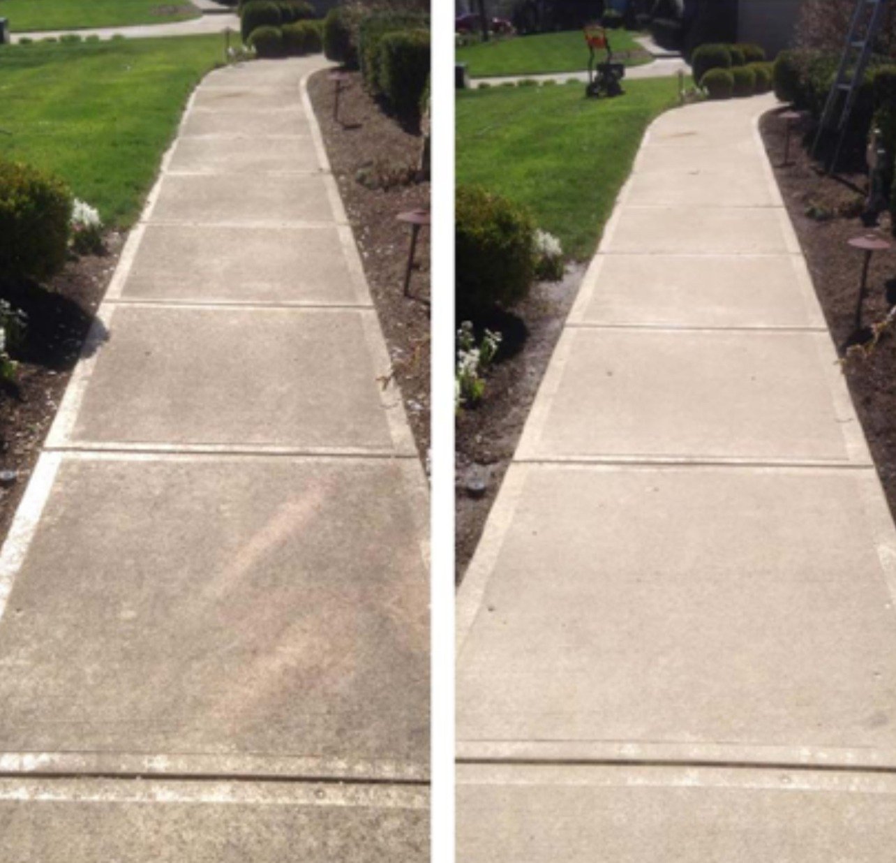 Voor en na reiniging van betonnen wandelpad